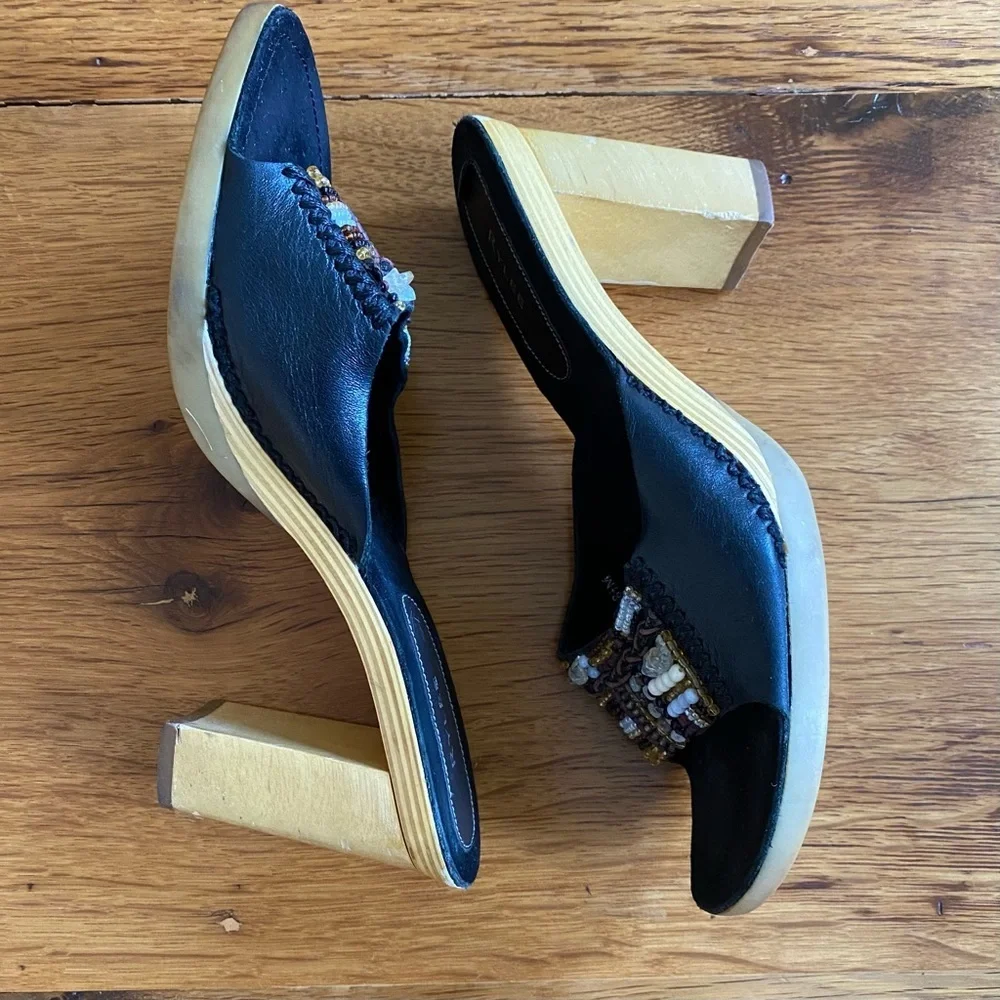 Rylee Leather Beaded Wood Heel Boho Chunky Heel Slides SZ 8.5 in Black - Picture 4 of 10